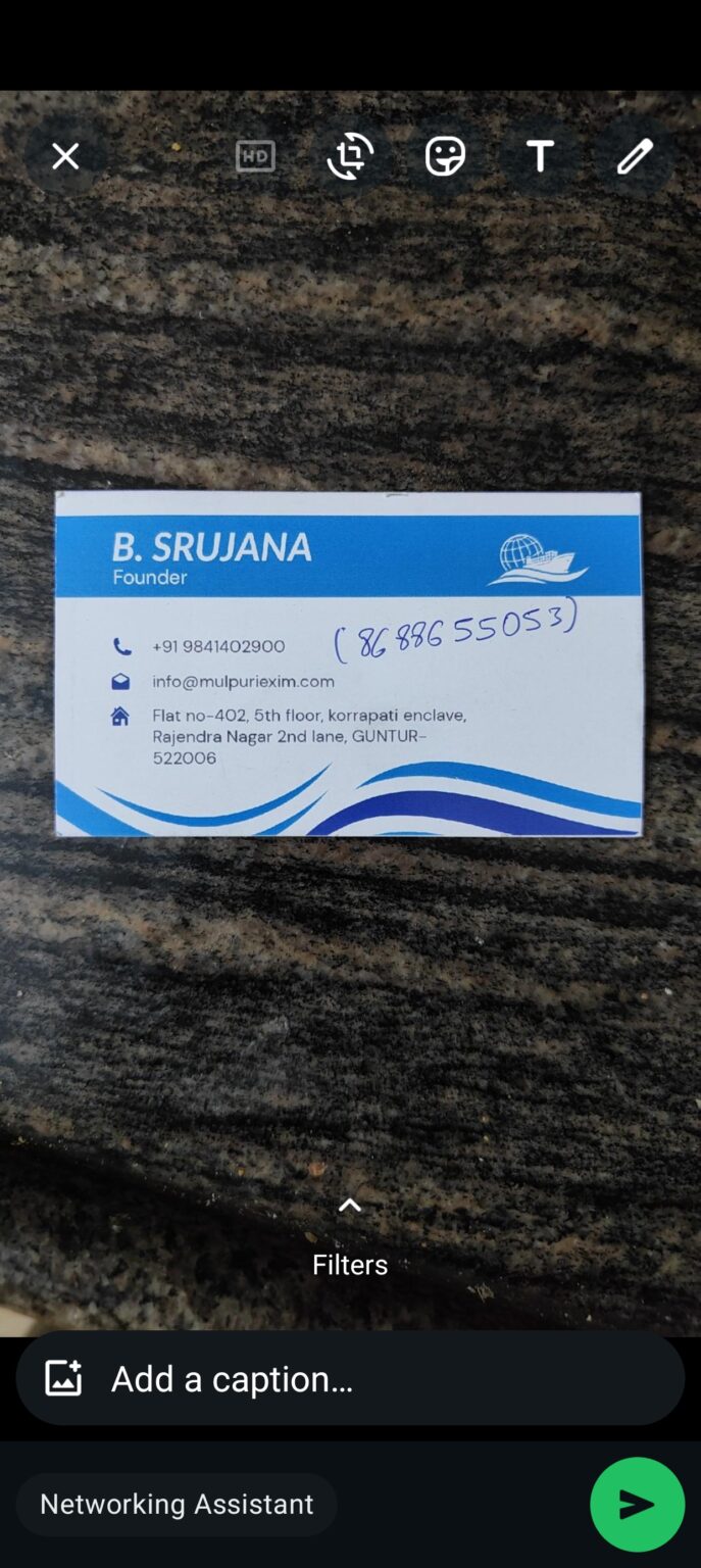 Business card photo of B. Srujana, Founder, with phone and email details