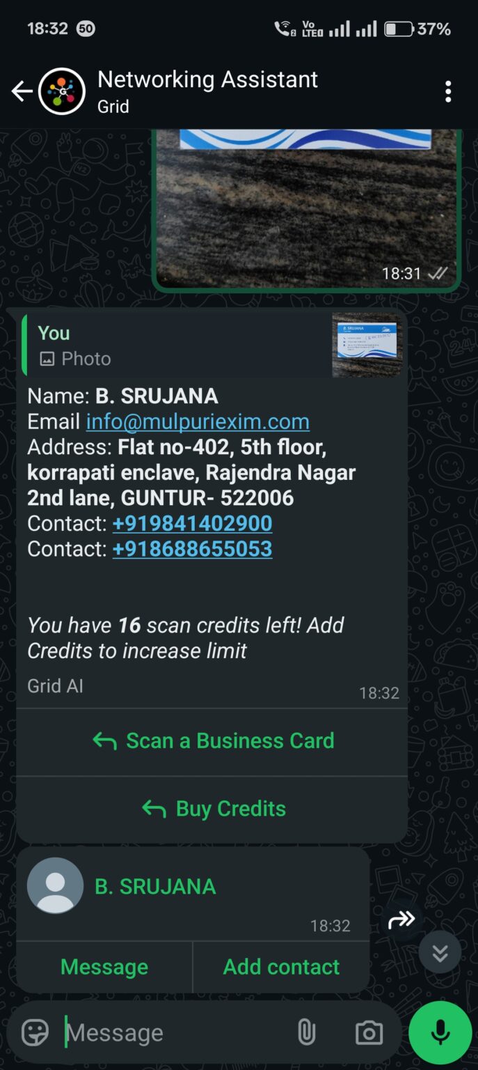 GRID AI chat on WhatsApp showing extracted business card details